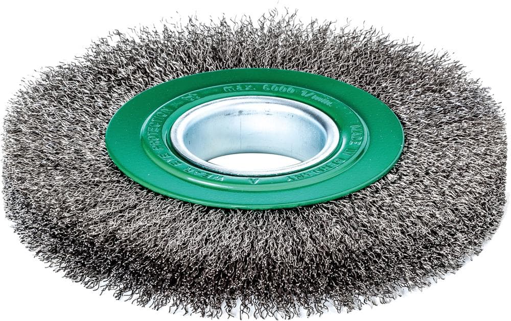 Perie de sârmă din inox V2A, rotundă, diam. 125 mm, sârmă ondulată 0,3 mm, prindere 40 mm, Lessmann