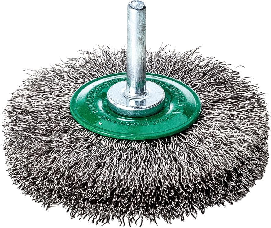 Perie de sârmă din inox V2A, rotundă, cu coadă 6 mm, diam. 30 mm, sârmă ondulată 0,2 mm, Lessmann