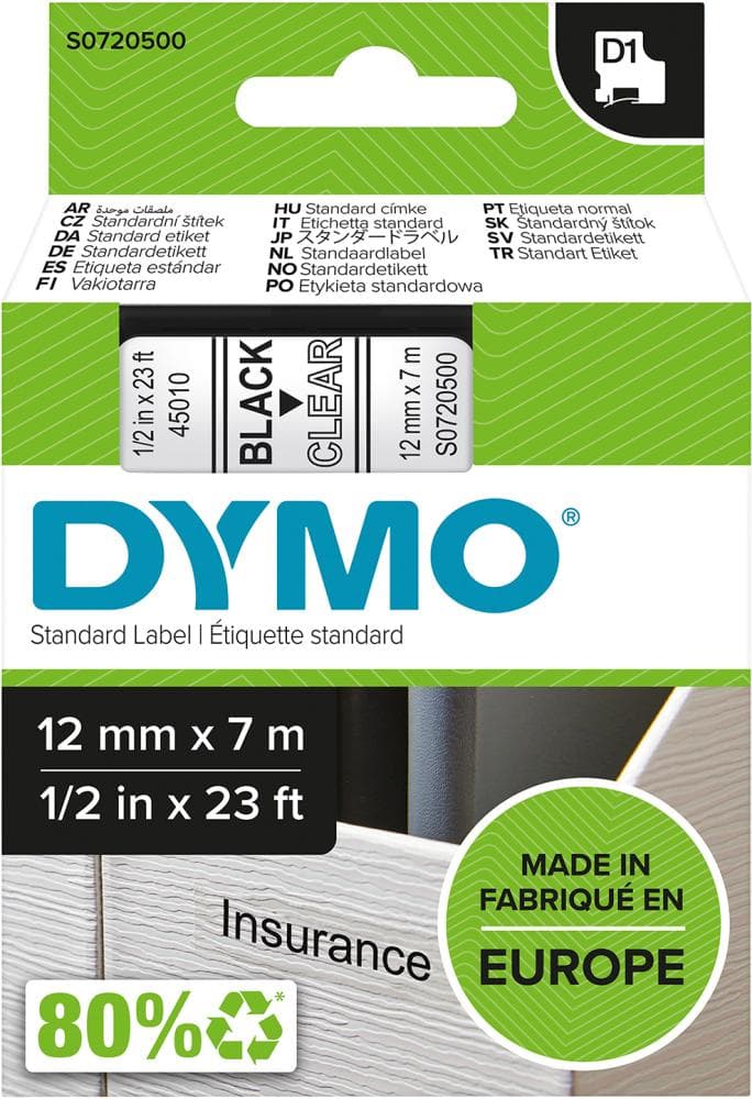 Bandă de inscripționare D1 45010, negru/transparent, 12mm x 7m, DYMO
