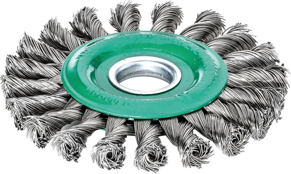 Perie de sârmă din inox V2A, rotundă, diam. 115 mm, sârmă 0,5 mm răsucită, prindere 22,23 mm, Lessmann