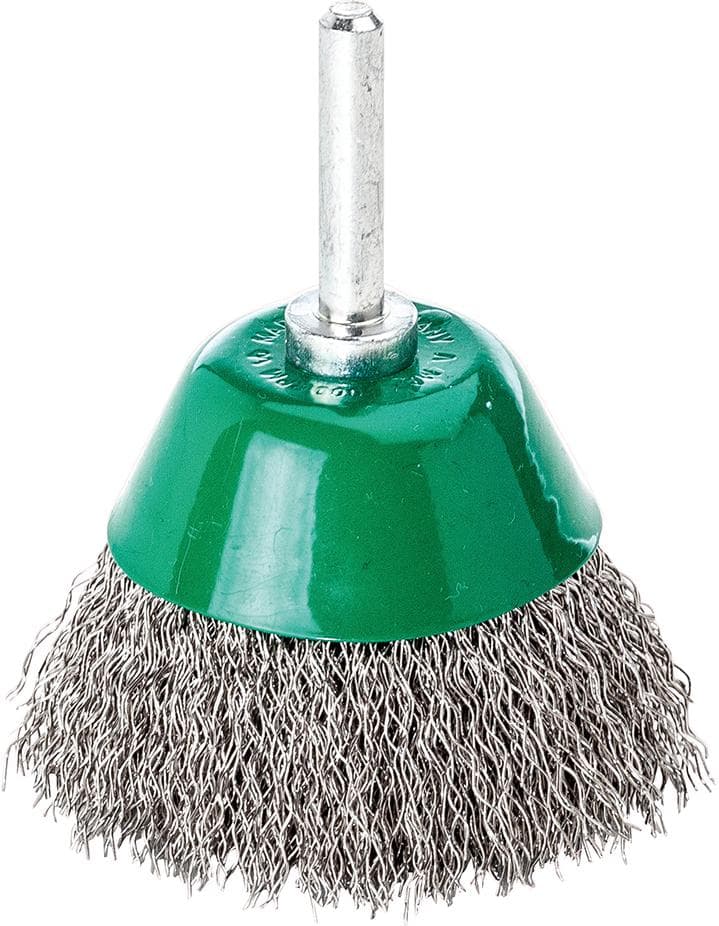Perie de sârmă din inox V2A, tip oală, cu coadă 6 mm, diam. 50 mm, sârmă ondulată 0.3 mm, Lessmann