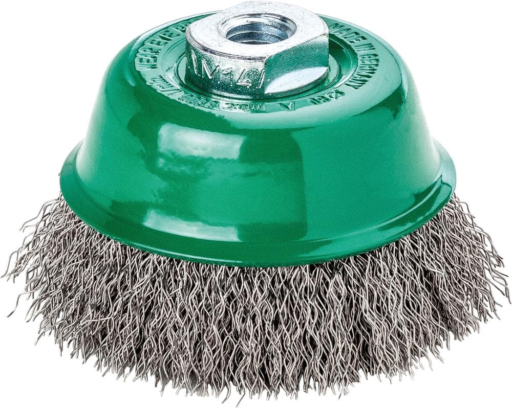 Perie de sârmă din inox V4A, tip oală, sârmă ondulată 0.3mm, diam. 65mm, prindere M14x2.0, Lessmann