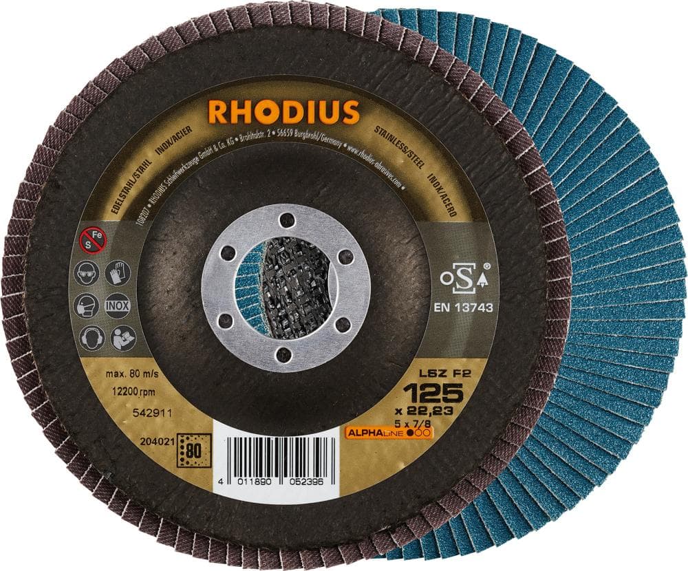 Disc lamelar curbat pentru oțeluri tratate, 115mm, granulație 40, zirconiu-corindon, ALPHALINE, RHODIUS