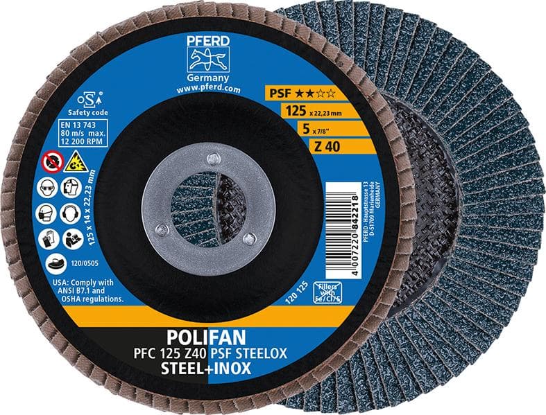 Disc lamelar pentru oțel și inox, 115mm, drept, granulație 40, zirconiu-corindon, PFERD