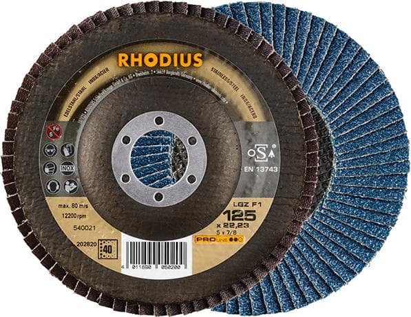 Disc lamelar pentru oțel și inox, 125 mm, drept, granulație 40, zirconiu-corindon, PROLINE, RHODIUS