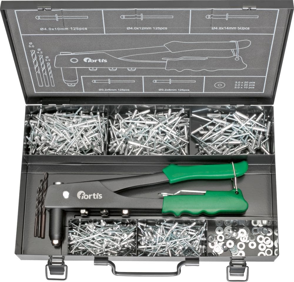 Clește pentru nituri oarbe + nituri, set 604 buc, FORTIS