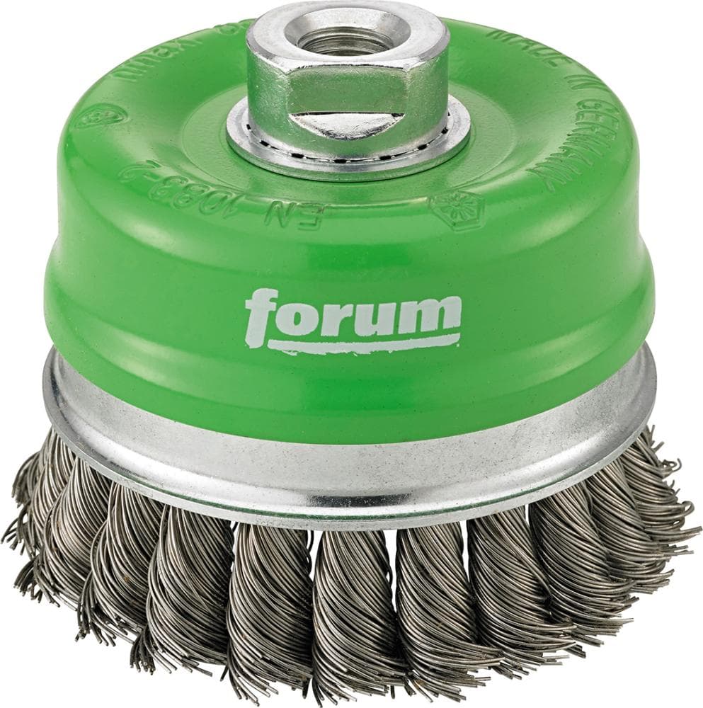 Perie de sârmă din inox tip oală, sârmă răsucită 0,5 mm, inel de protecție, Ø 80 mm, prindere M14x2, FORUM
